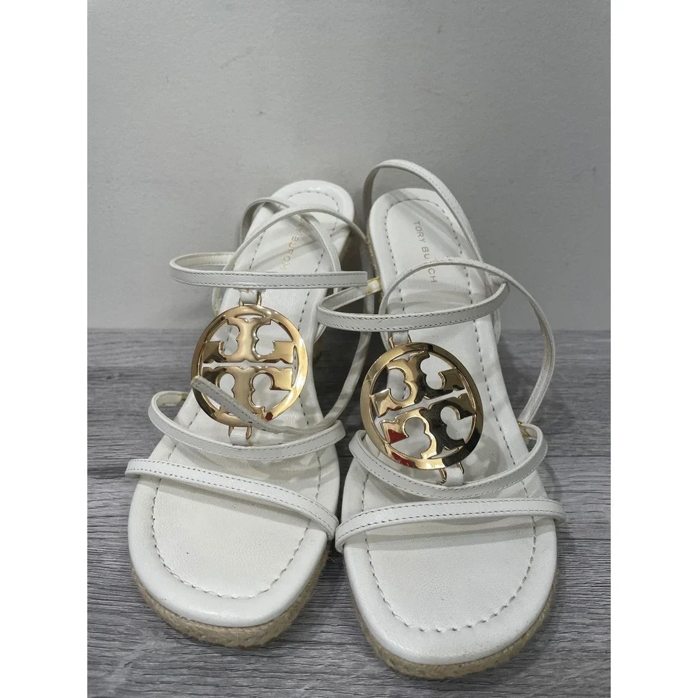 Tory Burch Miller Wedge Sandals White Leather Gold Logo Espadrille 6.5M 89131